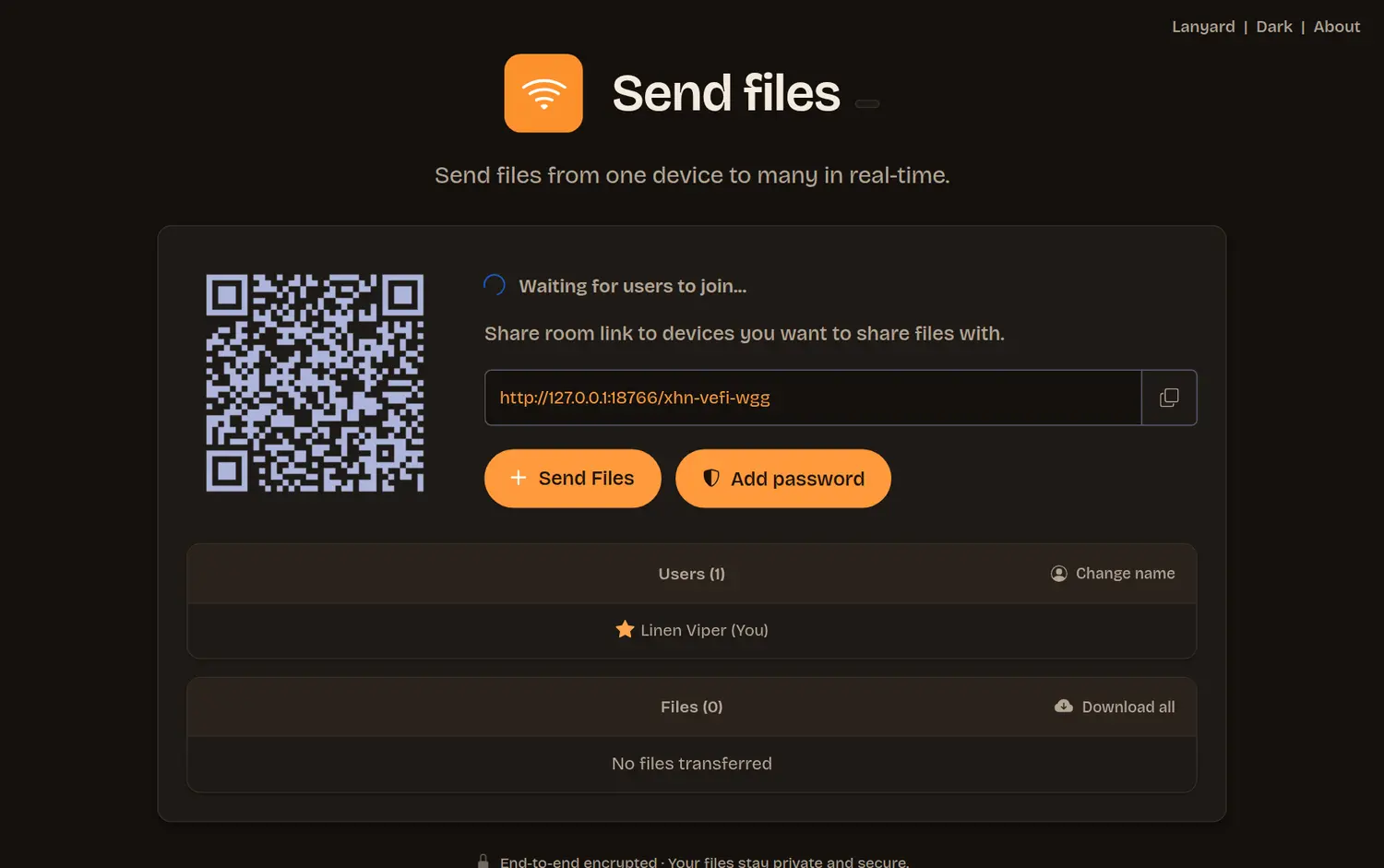 The Send files page: a square code and a room link, a button to send files, and the list of devices in the room.