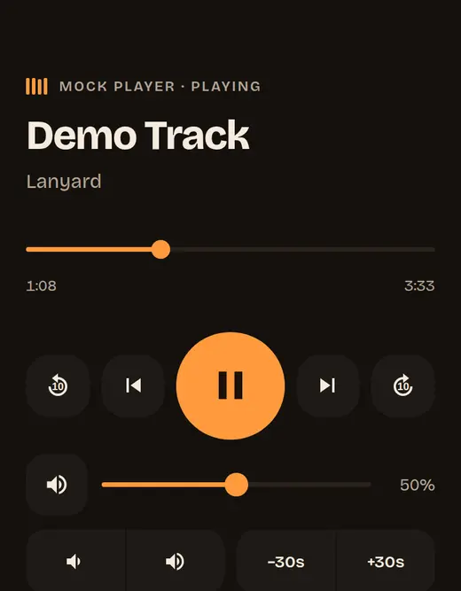 The remote on a phone: the song title, a progress bar, previous, pause and next buttons, a volume slider and skip buttons.